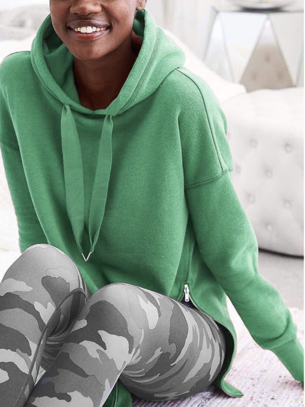 Aerie - City Street Double Side-Zip Green Pullover Ribbon-Drawstring Hoodie - XL
